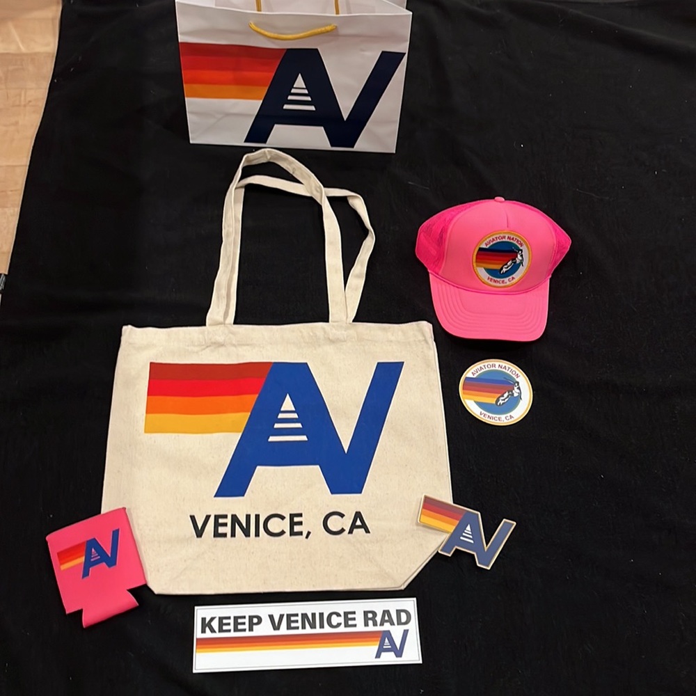 - - NWT Aviator Nation Neon Venice Pink Logo Trucker Hat & Tote & Swag